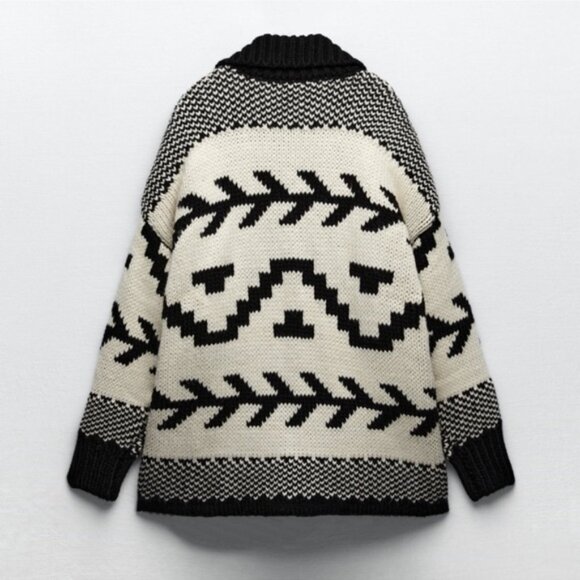 NWT ZARA Jacquard Cardigan Ecru Black M Blogger’s Favorite - Picture 11 of 16